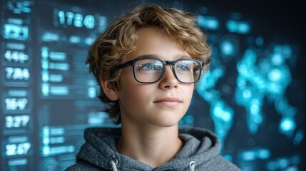 Poster - A thoughtful boy with glasses stands in front of a digital world map and data screens, suggesting technology and innovation.