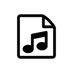 Poster - Audio File Icon, a black outline icon of a document with a folded top-right corner, featuring a musical eighth note symbol. It specifically represents an audio file, music document, or sound recording