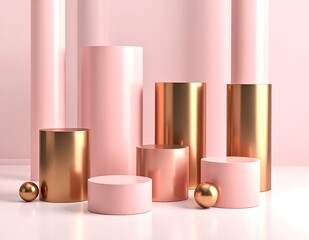 Poster - Pink and Gold Cylinders, Spheres, Minimalist Product Display