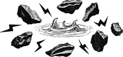 Poster - Engraved illustration of broken shards and circular patterns for artistic design