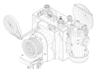 Poster - A drawing of a Steampunk camera with a lot of detail. The machine is a camera and the drawing is in black and white. Isometric view. 3D