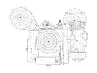 Poster - A drawing of a Steampunk camera with a lot of detail. The machine is a camera and the drawing is in black and white. Front view. 3D