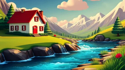 Poster - A house is on the side of a river. The house is white and red