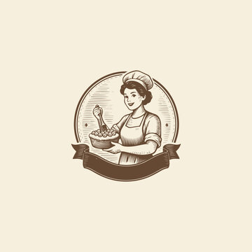Bakery logo with engraved style design template flat vector
