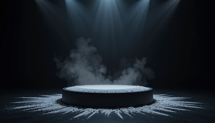 Poster - Illuminated stage with smokey background and powder decoration in studio lighting