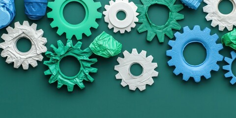 Poster - Colorful plastic gears and crumpled pieces arranged on a green background, symbolizing teamwork, mechanics, and innovation.