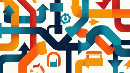 Aufkleber - Colorful arrows and symbols intertwine, depicting a complex network or workflow with a modern, abstract design.