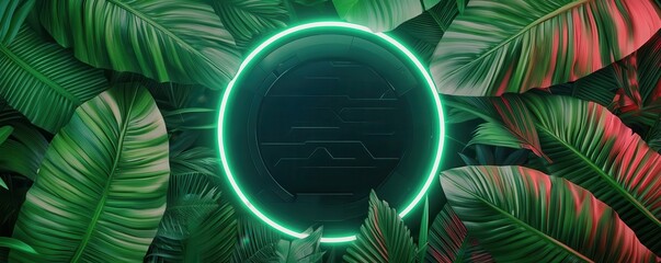 Aufkleber - A black, circular, neon-lit emblem is surrounded by lush, green tropical leaves with hints of pink and red lighting.