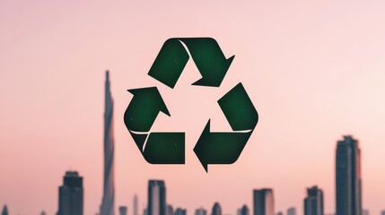 Poster - Green recycle symbol over a city skyline at sunset, promoting urban sustainability and environmental awareness.