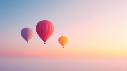  Three colorful hot air balloons soaring in a pastel sunrise sky.  Conceptual image of adventure, freedom, travel, and dreams.