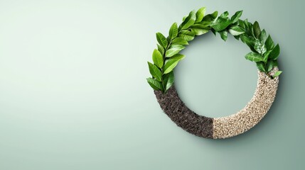 Poster - A circular arrangement of green leaves, soil, and pebbles symbolizes nature, sustainability, and the cycle of life on a soft green background.