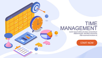 Poster - Colorful isometric elements like clock, calendar, graphs, pie chart, target, and hourglass on a light abstract background. Concept of time management. Vector illustration