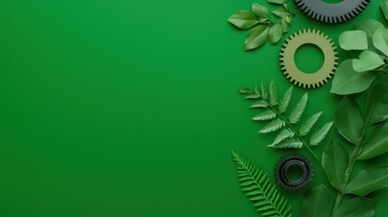 Aufkleber - Green leaves and metallic gears arranged on a vibrant green background, symbolizing the connection between nature and technology.