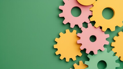 Poster - Colorful gears interlock on a green background, symbolizing teamwork, mechanics, and collaboration.