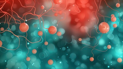 Poster - Abstract illustration of neural or molecular structures with red spheres and tangled lines on a blue and red blurred background.