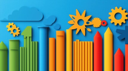 Poster - Colorful abstract shapes resembling graphs, pencils, gears, and clouds on a blue background illustrate creativity and growth.