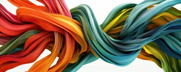 Poster - Colorful, intertwined fabric strands create a vibrant, dynamic abstract composition against a white background.