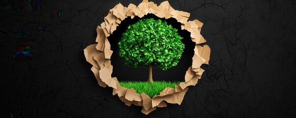 Poster - A green tree appears through a torn hole in a cracked black background, symbolizing nature breaking through barriers.