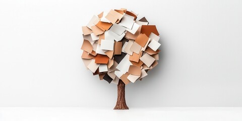 Aufkleber - A creative tree made from layered, multi-colored paper squares forms a unique and artistic display against a white background.