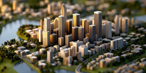 Poster - A miniature model of a modern city with high-rise buildings, greenery, and rivers surrounding the urban landscape.