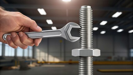 Poster - Handyman Tightening Bolt with Wrench in Industrial Setting