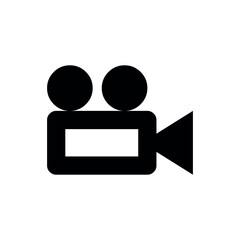 Poster - a stylized black icon of a video camera with a rectangular body and two circular elements on top, resembling lenses or reels, and a triangular lens on the side, symbolizes video recording, filmmaking