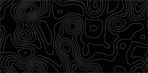 Poster - Abstract white on black background with Topographic line map pattern. abstract wavy and curved lines background. linear map. Dark seamless design. Bold tile able isolines pattern. Vector illustration.