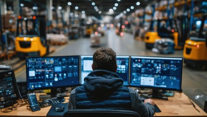 Poster - A warehouse worker monitors multiple screens to oversee logistics and operations in a busy industrial facility.