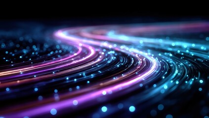 Poster - Colorful light trails and glowing particles create a dynamic, futuristic abstract scene on a dark background.