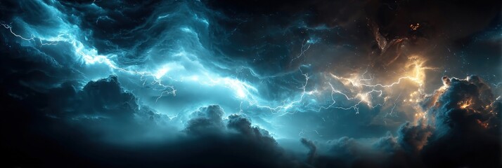 Aufkleber - Dramatic lightning illuminates dark storm clouds in a vivid, electric sky, blending blue and yellow tones.