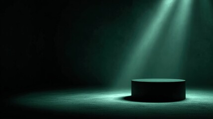 Poster - a single round podium is illuminated by a spotlight in a dark, empty room, creating a dramatic and m