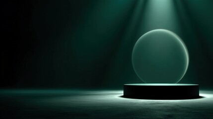 Poster - a glowing sphere sits atop a circular platform, illuminated by dramatic spotlights in a dark, minima