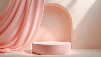 Poster - minimalist pale pink podium with draped fabric and arched backdrop in soft sunlight.