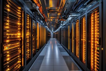 Poster - Server room corridor with glowing rack servers and overhead cable trays. It represents data centers, cloud computing, or digital infrastructure.