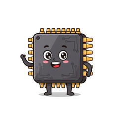 Poster - A cartoon computer chip character waving its hand with a happy expression on a white background.