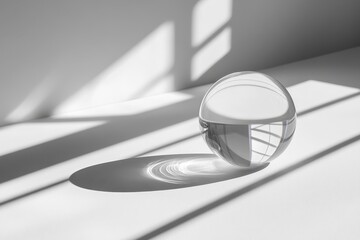 Poster - Clear crystal ball on a surface, with light and shadows background. Ideal for concepts like clarity, future, reflections, and minimalist design.