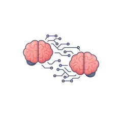 Poster - Two brains connected by digital circuits symbolize artificial intelligence, learning, and cognitive networks.