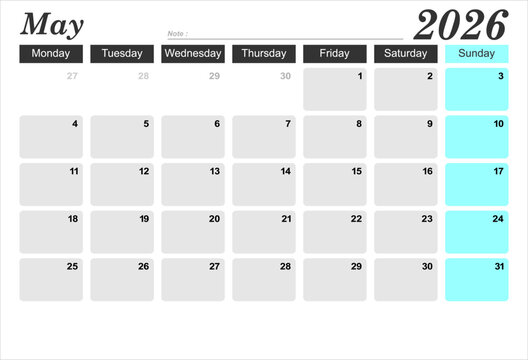 2026 year calendar. month, The week start on monday. EPS file vector.