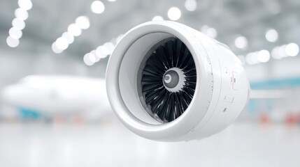 Poster - pristine aviation engine on display in spacious hangar with ample copy space