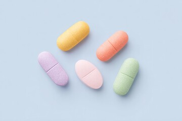 Poster - selection of various modern medicines showcasing diverse shapes and colors on plain background