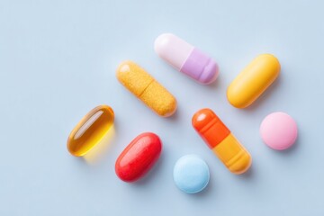 Poster - selection of various modern medicines showcasing diverse shapes and colors on plain background