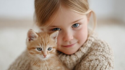 Poster - toddler gently hugs fluffy kitten on soft carpet minimalistic setup with ample copy space above