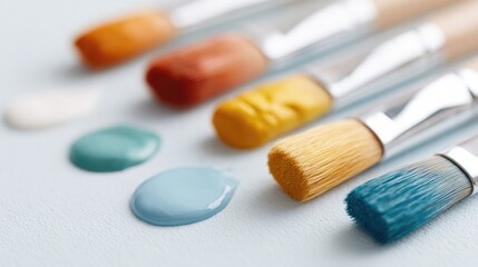 Poster - artist palette with vibrant paint brushes and minimalistic elements spread out on clean white surface