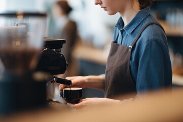 Poster - barista preparing coffee at counter background people softly blurred ample copy space around