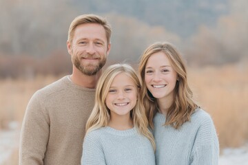 Poster - family standing together in field background softly blurred for minimalism