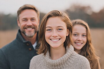 Poster - family standing together in field background softly blurred for minimalism