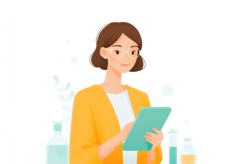 Poster - businesswoman in modern office holding tablet indicating career progress with ample copy space