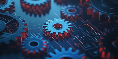 Aufkleber - A digital illustration of interconnected gears symbolizing business process automation, surrounded by icons of technology and innovation.