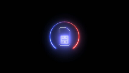 Poster - Neon SIM Card Icon on Black Background with Glowing Blue and Red Circular Accent