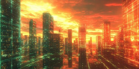 Aufkleber - A high-tech cityscape with glowing skyscrapers, advanced transportation networks, and dynamic energy grids beneath a vibrant, futuristic sky.